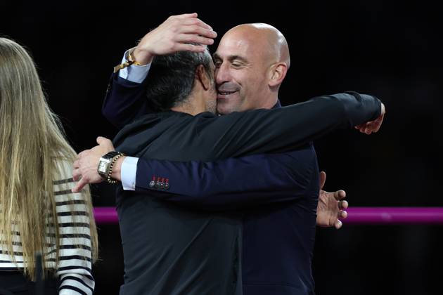 Jorge Vilda Head Coach of Spain is embraced by Luis Rubiales President of the Royal Spanish Football Association after winning the FIFA Women s World Cup 2023 Final match between Spain Women and England Women at Stadium Australia, Sydney, Australia on 20 August 2023. Copyright: xPeterxDovganx 38130173