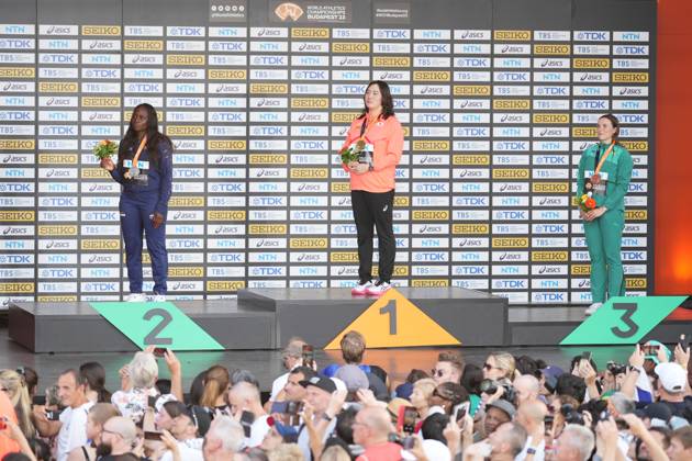 (L to R) Flor Denis Ruiz Hurtado (COL), Haruka Kitaguchi (JPN), Mackenzie Little (AUS), AUGUST 26, 2023 - Athletics : World Athletics Championships Budapest 2023 Women s Javelin Throw Medal Ceremony at National Athletics Centre, Budapest, Hungary. Noxthirdxpartyxsales  (227282521)