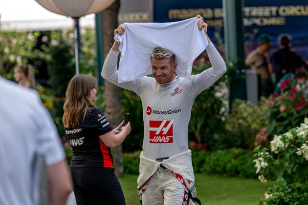MARINA BAY, SINGAPORE: Nico Hulkenberg, racing for the Haas F1 team during the 2023 Formula 1 Singapore Grand Prix at the Marina Bay Street Circuit in Marina Bay, Singapore