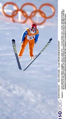 2002 WINTER Olympic Games, Olympische Spiele, Olympia, OS : 2002 WINTER OLYMPIC GAMES : SALT LAKE CITY 2 10 02 PARK CITY, UTAH, UNITED STATES --- On his way to the gold medal, ski jumper Simon Ammann takes his first jump in the Men s K90 Ski jumping, Skispringen, Ski, nordisch competition during the Individual K90 Ski Jumping competition at the 2002 Olympic Winter games, Winterspiele,Spiele, Summer games --- Photo by Trent Nelson Salt Lake Tribune Corbis Sygma JEUX OLYMPIQUES D HIVER OLYMPISCHE SPELEN www.iso be Ogden United States ETATS UNIS VERENIGDE STATEN  Copyright: xTIMxDExWAELEx 54808