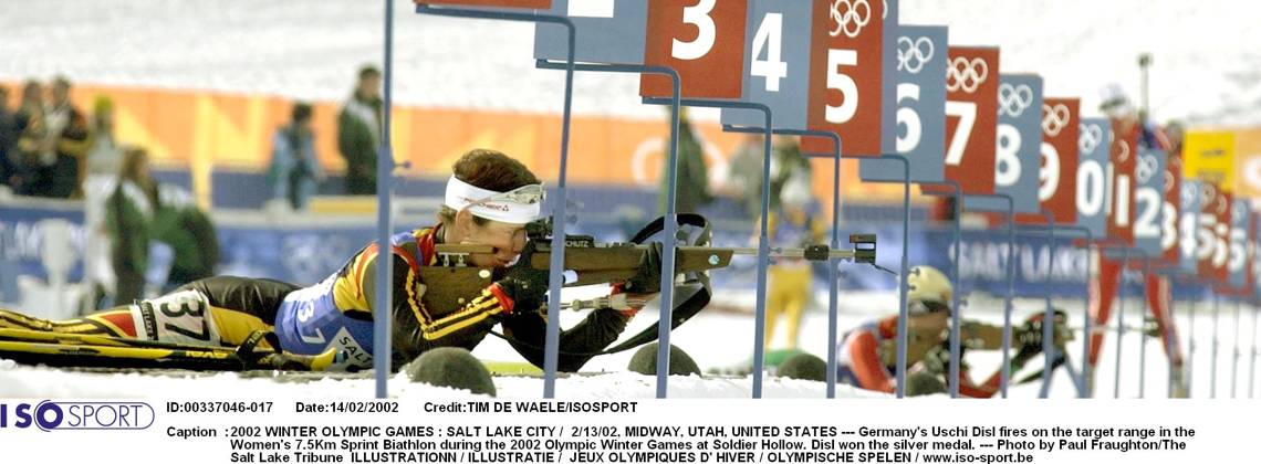 2002 WINTER Olympic Games, Olympische Spiele, Olympia, OS : 2002 WINTER OLYMPIC GAMES : SALT LAKE CITY 2 13 02, MIDWAY, UTAH, UNITED STATES --- Germany s Uschi Disl fires on the target range in the Women s 7.5Km Sprint Biathlon during the 2002 Olympic Winter games, Winterspiele,Spiele, Summer games at Soldier Hollow. Disl won the silver medal. --- Photo by Paul Fraughton The Salt Lake Tribune ILLUSTRATIONN ILLUSTRATIE JEUX OLYMPIQUES D HIVER OLYMPISCHE SPELEN www.iso be Ogden United States ETATS UNIS VERENIGDE STATEN  Copyright: xTIMxDExWAELEx 55724