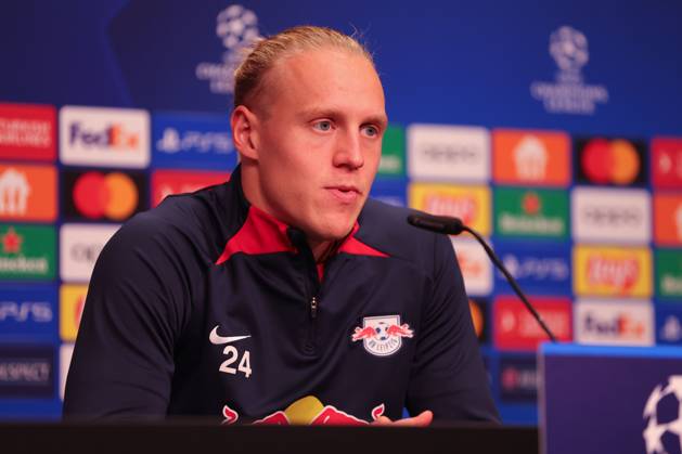 RB Leipzig PK Champions League Leipzig, 24.10.2023, RB Leipzig Fußball-Akademie, UEFA Champions League , RB Leipzig Pressekonferenz am Vortag von RBL v. Roter Stern Belgrad (Fudbalski klub Crvena zvezda) , Im Bild: Xaver Schlager (24, RB Leipzig) ,