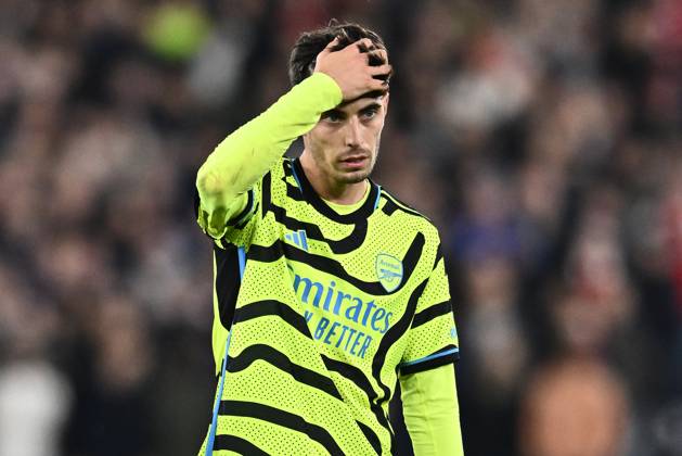 LONDON, ENGLAND - NOVEMBER 1: Kai Havertz of Arsenal reacts, dejection during the Carabao Cup Fourth Round match between West Ham United and Arsenal at London Stadium on November 1, 2023 in London, England. Photo by Sebastian Frej, Only for GER AUT SUI EDITORIAL USE ONLY. No use with unauthorized audio, video, data, fixture lists, club league logos or live services. Online in-match use limited to 120 images, no video emulation. No use in betting, games or single club league player publications West Ham United v Arsenal - Carabao Cup Fourth Round Copyright: xSebastianxFrejx