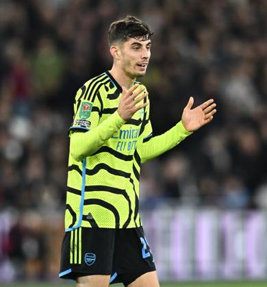 LONDON, ENGLAND - NOVEMBER 1: Kai Havertz of Arsenal looks on during the Carabao Cup Fourth Round match between West Ham United and Arsenal at London Stadium on November 1, 2023 in London, England. Photo by Sebastian Frej EDITORIAL USE ONLY. No use with unauthorized audio, video, data, fixture lists, club league logos or live services. Online in-match use limited to 120 images, no video emulation. No use in betting, games or single club league player publications West Ham United v Arsenal - Carabao Cup Fourth Round Copyright: xSebastianxFrejx