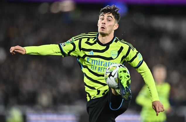 LONDON, ENGLAND - NOVEMBER 1: Kai Havertz of Arsenal looks on during the Carabao Cup Fourth Round match between West Ham United and Arsenal at London Stadium on November 1, 2023 in London, England. Photo by Sebastian Frej EDITORIAL USE ONLY. No use with unauthorized audio, video, data, fixture lists, club league logos or live services. Online in-match use limited to 120 images, no video emulation. No use in betting, games or single club league player publications West Ham United v Arsenal - Carabao Cup Fourth Round Copyright: xSebastianxFrejx