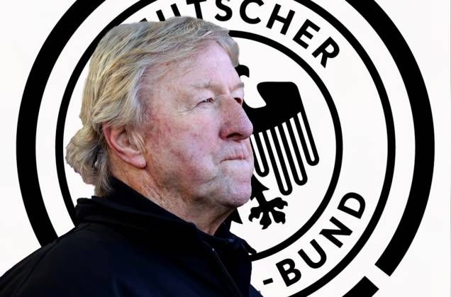 Deutschland 06. November 2023: Fussball, Herren, Saison 2023 2024, DFB, Bundestrainer Frauen ! Achtung Fotomontage ! Hier im Bild Horst Hrubesch, interims Bundestrainer Frauen Fussball, Nationalmannschaft, Kopf, Portrait, im Hintergrund das Logo, Wappen des DFB, Deutschen Fussball Bund, Symbolbild