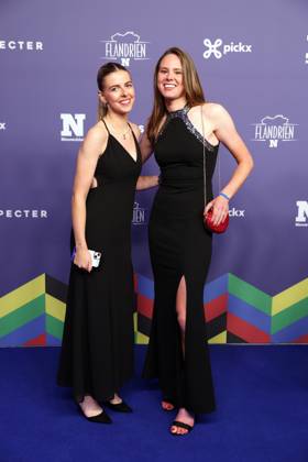 Belgian Febe Jooris and Belgian Julie de Wilde pictured at the blue carpet of the Flandrien award ceremony for the best Belgian cyclist of the 2023 cycling season, organized by newspaper Het Nieuwsblad , in Oostende, on Tuesday 07 November 2023. KURTxDESPLENTER  x79478951x