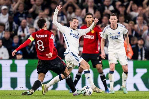 231108 Bruno Fernandes of Manchester United, ManU and Rasmus Falk of FC Copenhagen during the UEFA Champions League football match between FC Copenhagen and Manchester United on November 8, 2023 in Copenhagen. Photo: Petter Arvidson BILDBYRAN kod PA PA0685 fotboll football soccer fotball champions league fc copenhagen manchester united bbeng Copyright: PETTERxARVIDSON BB231108PA134