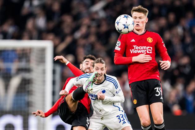 231108 Bruno Fernandes of Manchester United, ManU and Rasmus Falk of FC Copenhagen and Scott McTominay of Manchester United during the UEFA Champions League football match between FC Copenhagen and Manchester United on November 8, 2023 in Copenhagen. Photo: Petter Arvidson BILDBYRAN kod PA PA0685 fotboll football soccer fotball champions league fc copenhagen manchester united bbeng Copyright: PETTERxARVIDSON BB231108PA202