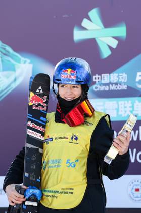 BEIJING, CHINA - DECEMBER 02: First place winner Mathilde Gremaud of Switzerland celebrates on the podium after the Women s Freeski Big Air Final at the Big Air Shougang on December 2, 2023 in Beijing, China.  Copyright: xVCGx 111467425871