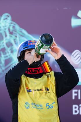 BEIJING, CHINA - DECEMBER 02: First place winner Mathilde Gremaud of Switzerland celebrates on the podium after the Women s Freeski Big Air Final at the Big Air Shougang on December 2, 2023 in Beijing, China.  Copyright: xVCGx 111467425900