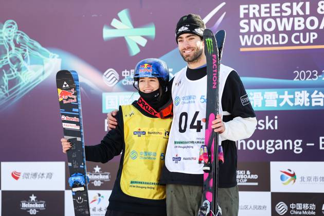 BEIJING, CHINA - DECEMBER 02: First place winner Alexander Hall (R) of United States and Mathilde Gremaud (L) of Switzerland celebrate on the podium after the Men s Freeski Big Air Final at the Big Air Shougang on December 2, 2023 in Beijing, China.  Copyright: xVCGx 111467425944