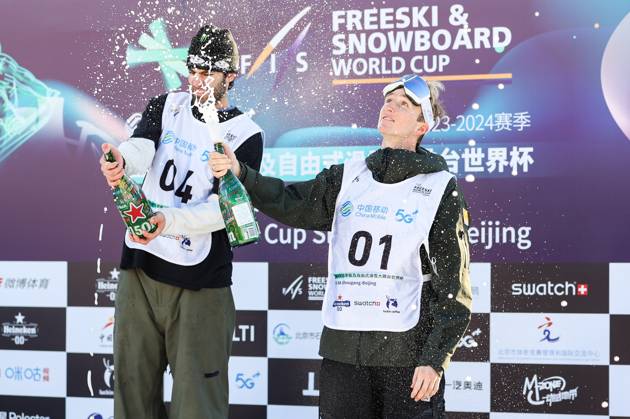 BEIJING, CHINA - DECEMBER 02: (L - R) First place winner Alexander Hall of United States and third place winner Andri Ragettli of Switzerland celebrate on the podium after the Men s Freeski Big Air Final at the Big Air Shougang on December 2, 2023 in Beijing, China.  Copyright: xVCGx 111467425927