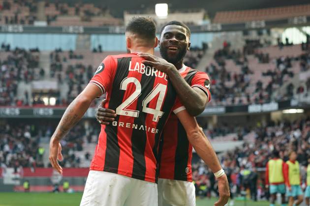 Joie - Gaëtan Laborde (OGC Nice) - Jà rà mie Boga (OGC Nice) FOOTBALL : OGC Nice vs Stade de Reims - Ligue 1 Uber Eats - Nice - 10 12 2023 NorbertScanella Panoramic