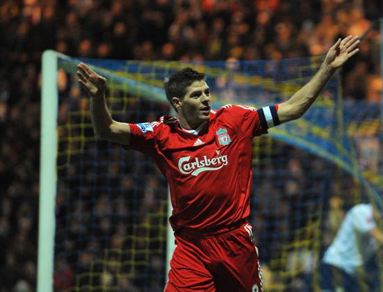 Steven Gerrard of Liverpool celebrates laying on the second goal Steven Gerrard of Liverpool celebrates laying on the second goal..EON FA Cup 3rd Round..Preston North End v Liverpool..3rd January, 2009.(Credit Image: PHOTOGRAPHER Sportimage Cal Media) UK EDITORIAL USE ONLY Copyright: xx SimonxBellisx csmphoto197704