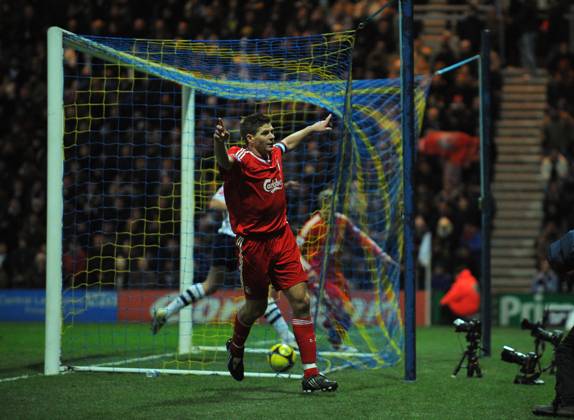 Steven Gerrard of Liverpool celebrates laying on the second goal Steven Gerrard of Liverpool celebrates laying on the second goal..EON FA Cup 3rd Round..Preston North End v Liverpool..3rd January, 2009.(Credit Image: PHOTOGRAPHER Sportimage Cal Media) UK EDITORIAL USE ONLY Copyright: xx SimonxBellisx csmphoto197705