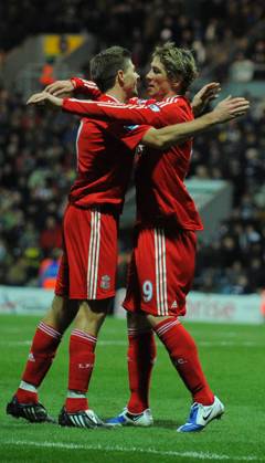 Steven Gerrard of Liverpool celebrates with Fernando Torres of Liverpool after laying on the second goal Steven Gerrard of Liverpool celebrates with Fernando Torres of Liverpool after laying on the second goal..EON FA Cup 3rd Round..Preston North End v Liverpool..3rd January, 2009.(Credit Image: PHOTOGRAPHER Sportimage Cal Media) UK EDITORIAL USE ONLY Copyright: xx SimonxBellisx csmphoto197707
