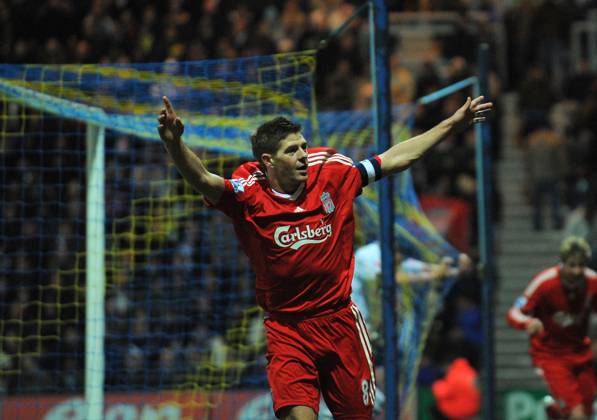 Steven Gerrard of Liverpool celebrates laying on the second goal Steven Gerrard of Liverpool celebrates laying on the second goal..EON FA Cup 3rd Round..Preston North End v Liverpool..3rd January, 2009.(Credit Image: PHOTOGRAPHER Sportimage Cal Media) UK EDITORIAL USE ONLY Copyright: xx SimonxBellisx csmphoto197708