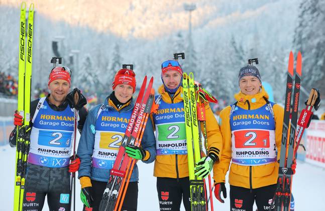 Bilder des Jahres 2024, Sport 01 Januar Sport Themen der Woche KW02 Sport Bilder des Tages BIATHLON - IBU WC Ruhpolding RUHPOLDING,GERMANY,11.JAN.24 - BIATHLON - IBU World Cup, 4x7.5km relay, men. Image shows the rejoicing of Philipp Nawrath, Benedikt Doll, Johannes Kuehn and Justus Strelow (GER).  GEPAxpictures xThomasxBachun