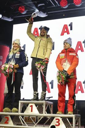 ALPINE SKIING - FIS WC Altenmarkt Zauchensee ALTENMARKT ZAUCHENSEE,AUSTRIA,12.JAN.24 - ALPINE SKIING - FIS World Cup, Super G, ladies, award ceremony. Image shows Kajsa Vickhoff Lie (NOR), Cornelia Huetter (AUT), Lara Gut-Behrami (SUI).  GEPAxpictures xWolfgangxGrebien