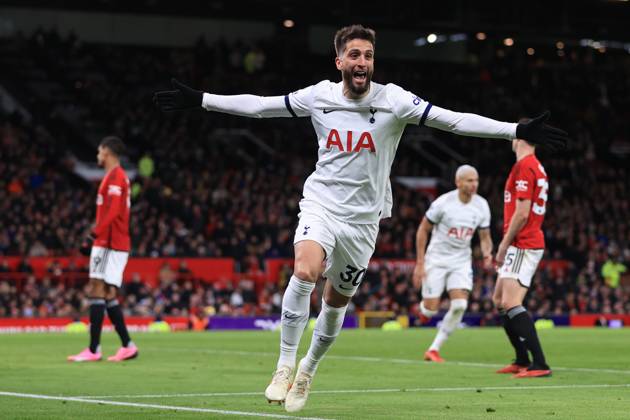 Manchester United, ManU v Tottenham Hotspur 14 January 2024 - Premier League - Manchester United v Tottenham Hotspur - Rodrigo Bentancur of Tottenham Hotspur celebrates after scoring the second equalising goal for his team (2-2 - Photo: Simon Stacpoole Offside. Manchester UK Copyright: xSimonxStacpoolexOffside