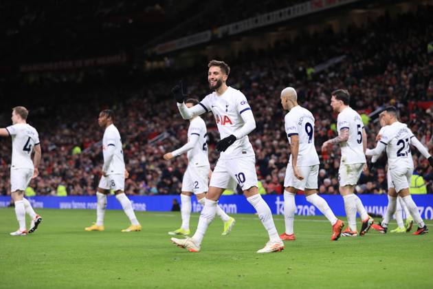 Manchester United, ManU v Tottenham Hotspur 14 January 2024 - Premier League - Manchester United v Tottenham Hotspur - Rodrigo Bentancur of Tottenham Hotspur celebrates after scoring the second equalising goal for his team (2-2) - Photo: Simon Stacpoole Offside. Manchester UK Copyright: xSimonxStacpoolexOffside