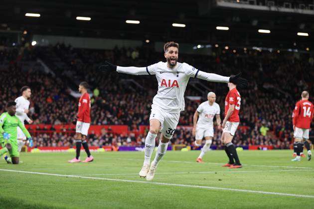 Manchester United, ManU v Tottenham Hotspur 14 January 2024 - Premier League - Manchester United v Tottenham Hotspur - Rodrigo Bentancur of Tottenham Hotspur celebrates after scoring an equalising goal to make the score 2-2 - Photo: Simon Stacpoole Offside. Manchester UK Copyright: xSimonxStacpoolexOffside