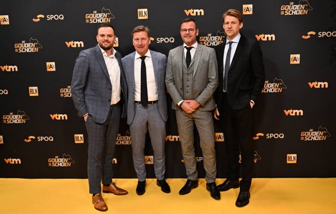 Patrick Vervoort (2nd left) pose for the photographer at the 70th edition of the Golden Shoe award ceremony, in Antwerp, Thursday 18 January 2024. The Golden Shoe (Gouden Schoen Soulier d Or) is an award for the best soccer player of the Belgian Jupiler Pro League championship during the calendar year 2023. VIRGINIExLEFOUR  x84252390x