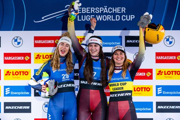 Bilder des Jahres 2024, Sport 02 Feburar Sport Themen der Woche KW06 10.02.2024, GER, Rodeln Rennrodeln, Frauen Maenner, Weltcup, Saison 2023 2024, 6. EBERSPAECHER Rodelweltcup Women s Singles Oberhof Im Bild zu sehen Egle, Madeleine Fraebel, Merle Taubitz Julia 98559 Oberhof LOTTO Thüringen ARENA am Rennst Thüringen Deutschland