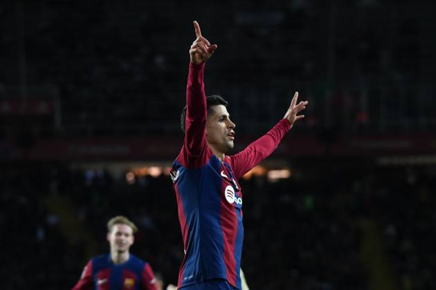 February 11, 2024, Girona, Barcelona, Spain, Spain: Joao Cancelo of FC Barcelona, Barca celebrates after his team scoring a goal during the match between FC Barcelona and Granada as part of La Liga at LluoÂs Companys Olympic Stadium on February 11, 2024 in Girona, Spain. ( o³ PxImages) Girona Spain - ZUMAp175 20240211_zsa_p175_024 Copyright: xSaraxAribx