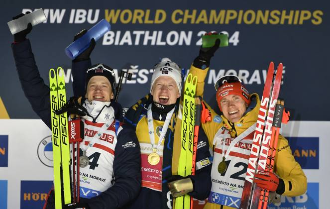 Bilder des Jahres 2024, Sport 02 Feburar Sport Themen der Woche KW07 Sport Bilder des Tages Johannes Thingnes Bo of Norway won men s individual race (20 km) at Biathlon World Championship, WM, Weltmeisterschaft in Nove Mesto na Morave, followed by his brother Tarjei and third German Benedikt Doll, Czech Republic, February 14, 2024. (CTKxPhoto LubosxPavlicek) CTKPhotoP2024021408806  CTKPhotoP2024021408806