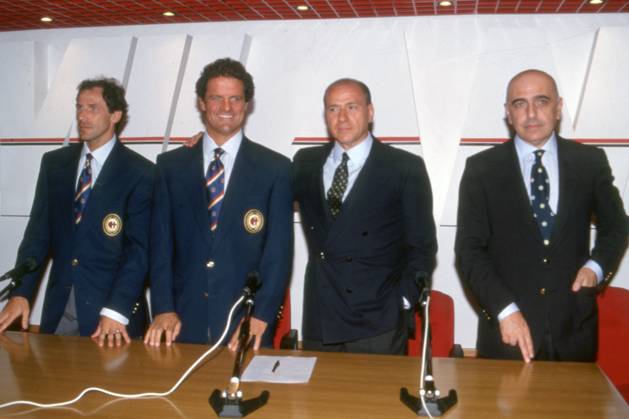 RECORD DATE NOT STATED FRANCO BARESI, FABIO CAPELLO, SILVIO BERLUSCONI, ADRIANO GALLIANI, Milan, Serie A, 1993-94, Raduno, Primo piano, Posa, Head shot SERIE A 1993-94 MILAN RADUNO