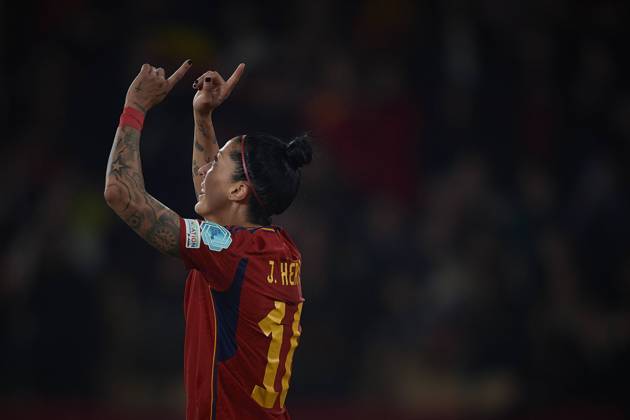 (240224) -- SEVILLA, Feb. 24, 2024 -- Jennifer Hermoso of Spain celebrates a goal during the UEFA Women s Nations League 2024 semifinal match between Spain and the Netherlands in Sevilla, Spain, on Feb. 23, 2024. (Photo by Xinhua) (SP)SPAIN-SEVILLA-FOOTBALL-UEFA WOMEN S NATIONS LEAGUE-SEMIFINAL PabloxMorano 