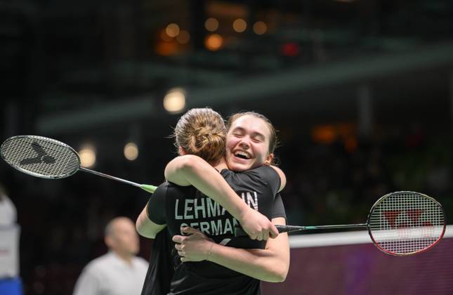 Bilder des Jahres 2024, Sport 02 Februar Sport Themen der Woche KW09 Sport Bilder des Tages Jubel Amelie LEHMANN l. Cara SIEBRECHT (GER) nach dem Sieg Amelie LEHMANN Cara SIEBRECHT (GER) vs. Rutaparna PANDA Swetaparna PANDA (IND) 21-17, 10-21, 21-14, Damen Doppel, 1. Runde, WD Round 1, am 28.02.2024 Badminton Yonex German Open 2024 vom 27.02. - 03.03.2024 in Muelheim an der Ruhr Deutschland. Â