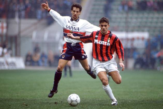 MARIO BORTOLAZZI, Genoa, MARCO SIMONE, Milan, Serie A, 1992-93, Milan vs Genoa 1-0, 24-01-1993, Contrasto, Action SERIE A 1992-93 MILAN-GENOA 1-0