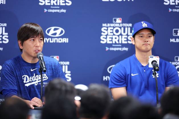 (L-R) Ippei Mizuhara, Shohei Ohtani (Dodgers), MARCH 16, 2024 - Baseball : MLB, Baseball Herren, USA World Tour Seoul Series, Los Angeles Dodgers press conference, PK, Pressekonferenz at Gocheok Sky Dome, Seoul, South Korea. Noxthirdxpartyxsales (247404087)