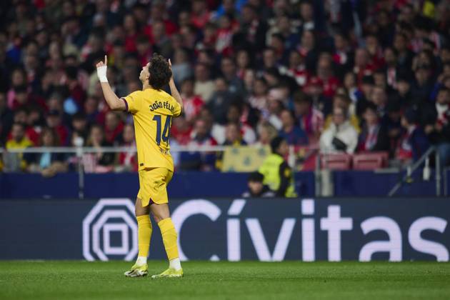 LaLiga EA Sports, Atletico de Madrid v FC Barcelona, Barca MADRID, SPAIN - MARCH 17: Joao Felix Left Winger of FC Barcelona celebrates after scoring his team s first goal during the LaLiga EA Sports match between Club Atletico de Madrid and FC Barcelona at Civitas Metropolitano Stadium on March 17, 2024 in Madrid, Spain. (Photo By Francisco Macia Photo Players Images) Madrid Civitas Metropolitano Stadium Madrid Spain Copyright: xFranciscoxMacia PhotoxPlayersxImagesx