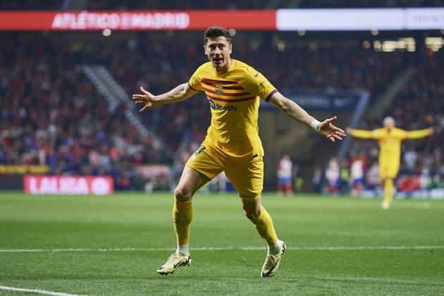 LaLiga EA Sports, Atletico de Madrid v FC Barcelona, Barca MADRID, SPAIN - MARCH 17: Robert Lewandowski Centre-Forward of FC Barcelona celebrates after scoring his team s second goal during the LaLiga EA Sports match between Club Atletico de Madrid and FC Barcelona at Civitas Metropolitano Stadium on March 17, 2024 in Madrid, Spain. (Photo By Francisco Macia Photo Players Images) Madrid Civitas Metropolitano Stadium Madrid Spain Copyright: xFranciscoxMacia PhotoxPlayersxImagesx
