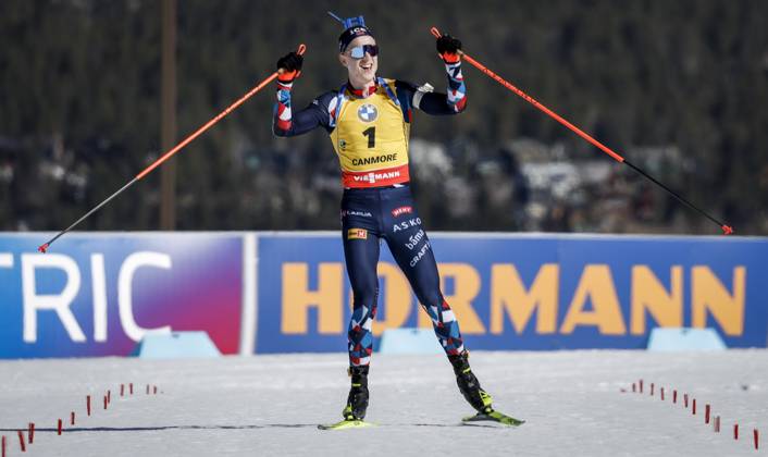 Bilder des Jahres 2024, Sport 03 März Sport Themen der Woche KW11 Sport Bilder des Tages March 17, 2024, Canmore, Ab, CANADA: Norway s Johannes Thingnes Boe celebrates winning the men s World Cup 15 km mass start event in Canmore, Alta., Sunday, March 17, 2024. Johannes Thingnes Boe  - ZUMAc35_ 20240317_zaf_c35_171 Copyright: xJeffxMcintoshx