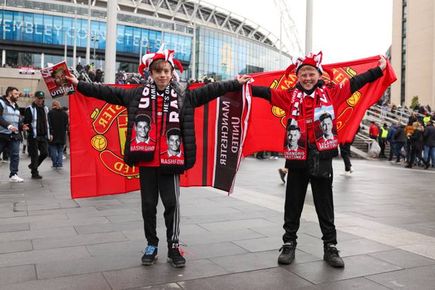 Brighton and Hove Albion v Manchester United, ManU - The FA Cup - Semi-Final - Wembley Stadium April 23, 2023, London: London, England, 23rd April 2023. Young Manchester United supporters outside the ground before the The FA Cup match at Wembley Stadium, London. (Credit Image: Â Kieran Cleeves Sportimage Cal Media) London EDITORIAL USE ONLY Copyright: xx ZUMA-20230423_zaf_si1_005.jpg KieranxCleevesx csmphotothree088341