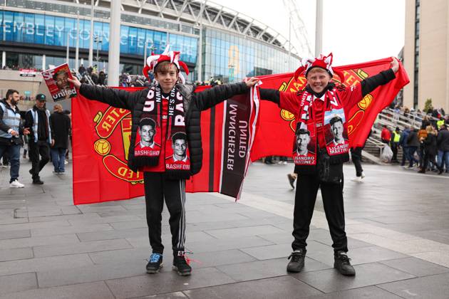 Brighton and Hove Albion v Manchester United, ManU - The FA Cup - Semi-Final - Wembley Stadium April 23, 2023, London: London, England, 23rd April 2023. Young Manchester United supporters outside the ground before the The FA Cup match at Wembley Stadium, London. London EDITORIAL USE ONLY Copyright: xx ZUMA-20230423_zaf_si1_005.jpg KieranxCleevesx csmphotothree088350