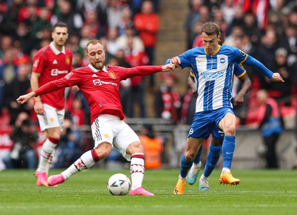 Brighton and Hove Albion v Manchester United, ManU - The FA Cup - Semi-Final - Wembley Stadium April 23, 2023, London: London, England, 23rd April 2023. Christian Eriksen of Manchester United (left) and Solly March of Brighton and Hove Albion (right) battle for the ball during the The FA Cup match at Wembley Stadium, London. (Credit Image: Â Kieran Cleeves Sportimage Cal Media) London EDITORIAL USE ONLY Copyright: xx ZUMA-20230423_zaf_si1_017.jpg KieranxCleevesx csmphotothree088376