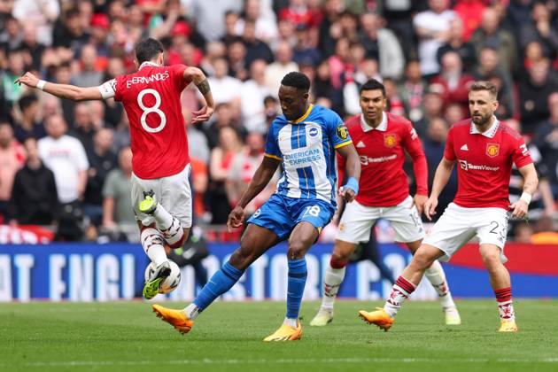 Brighton and Hove Albion v Manchester United, ManU - The FA Cup - Semi-Final - Wembley Stadium April 23, 2023, London: London, England, 23rd April 2023. Bruno Fernandes of Manchester United (left) and Danny Welbeck of Brighton and Hove Albion (right) battle for the ball during the The FA Cup match at Wembley Stadium, London. London EDITORIAL USE ONLY Copyright: xx ZUMA-20230423_zaf_si1_011.jpg KieranxCleevesx csmphotothree088382