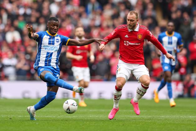 Brighton and Hove Albion v Manchester United, ManU - The FA Cup - Semi-Final - Wembley Stadium April 23, 2023, London: London, England, 23rd April 2023. Moises Caicedo of Brighton and Hove Albion (left) and Christian Eriksen of Manchester United (right) battle for the ball during the The FA Cup match at Wembley Stadium, London. London EDITORIAL USE ONLY Copyright: xx ZUMA-20230423_zaf_si1_012.jpg KieranxCleevesx csmphotothree088386