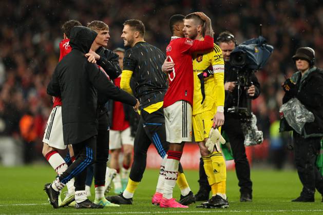 Brighton and Hove Albion v Manchester United, ManU - The FA Cup - Semi-Final - Wembley Stadium April 23, 2023, London: London, England, 23rd April 2023. Marcus Rashford of Manchester United hugs David de Gea of Manchester United after the penalty shootout during the The FA Cup match at Wembley Stadium, London. (Credit Image: Â Kieran Cleeves Sportimage Cal Media) London EDITORIAL USE ONLY Copyright: xx ZUMA-20230423_zaf_si1_081.jpg KieranxCleevesx csmphotothree088501