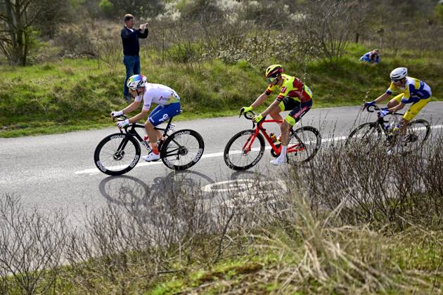 French Thomas Gachignard of TotalEnergies, Belgian Luca De Meester of Bingoal WB and Belgian Victor Vercouillie of Team Flanders Baloise pictured in action during the Classic Brugge-De Panne men s elite one-day cycling race, 198,9 km from Brugge to De Panne, Wednesday 20 March 2024. LAURIExDIEFFEMBACQ x89531366x