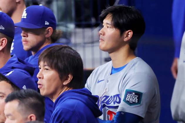 (L-R) Ippei Mizuhara, Shohei Ohtani (Dodgers), MARCH 20, 2024 - Baseball : MLB, Baseball Herren, USA World Tour Seoul Series opening game 1 between the San Diego Padres and the Los Angeles Dodgers at Gocheok Sky Dome, Seoul, South Korea. (247832559)