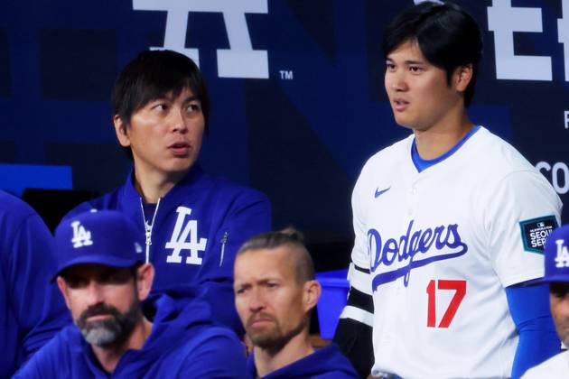(L-R) Ippei Mizuhara, Shohei Ohtani (Dodgers), MARCH 18, 2024 - Baseball : MLB, Baseball Herren, USA World Tour Seoul Series exhibition game between the LG Twins and the San Diego Padres at Gocheok Sky Dome, Seoul, South Korea. Noxthirdxpartyxsales (248045475)