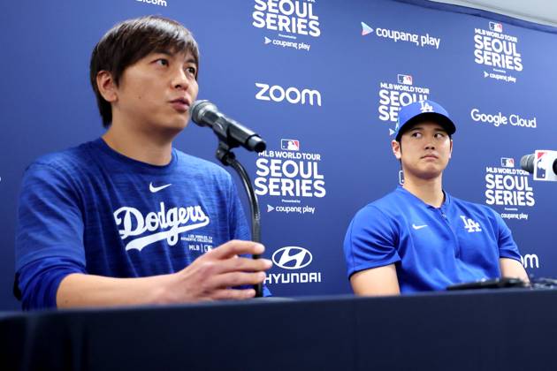 (L-R) Ippei Mizuhara, Shohei Ohtani (Dodgers), MARCH 16, 2024 - Baseball : MLB, Baseball Herren, USA World Tour Seoul Series, Los Angeles Dodgers press conference, PK, Pressekonferenz at Gocheok Sky Dome, Seoul, South Korea. Noxthirdxpartyxsales (248045579)