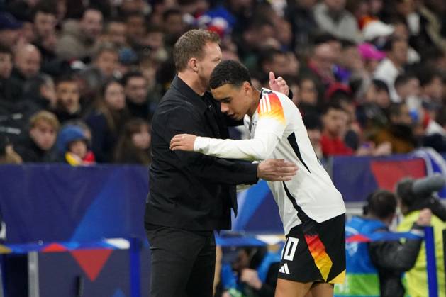 Fussball, Freundschaftsspiel, Länderspiel, Testspiel, Frankreich-Deutschland, 23.03.2024, Groupama Stadium Lyon Julian Nagelsmann,Trainer,Jamal Musiala Deutschland, Aktion, Einzelbild